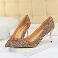 Women 7cm 9.5cm High Heels Pumps Wedding Bridal Scarpins Sparkly Mid Heels Lady Party Sequins Glitter Evening Gold Silver Shoes
