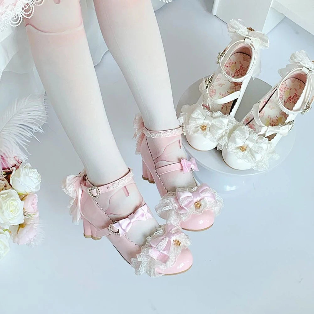 Sweet Girls Lolita Wedding Dress Kitten heels Shoes ,Young Women Students Cute Sakura Lace Bowknots Princess Mary Janes Sandals