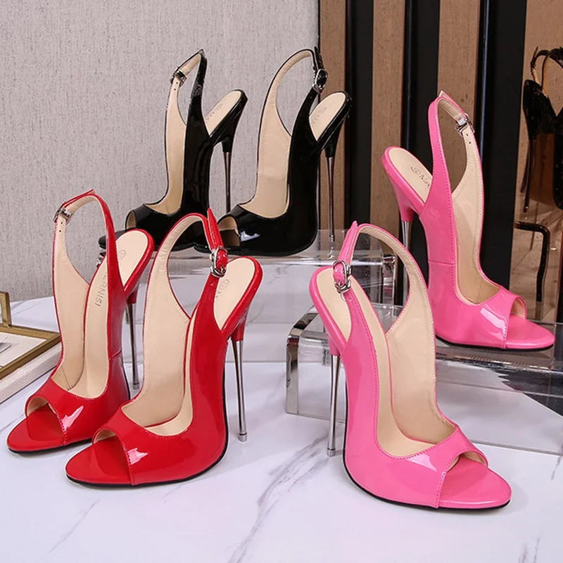 Women Patent Leather Metal High Heel Sandals Sexy Buckle Strap High Heels for Nightclub Evening Party Banquet Gathering Zapatos