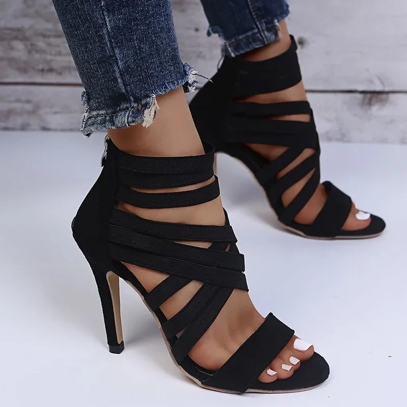 Summer women's fashion bandage back zipper sandals 2025 sexy pointed toe versatile solid color banquet party stilettos large 43