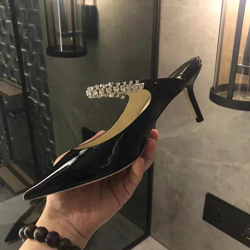Elegant Leather Mules Pointed Toe Stylish Rhinestone Embellished High Heel Sandals Sophisticated Party Evening Shoes Footwear
