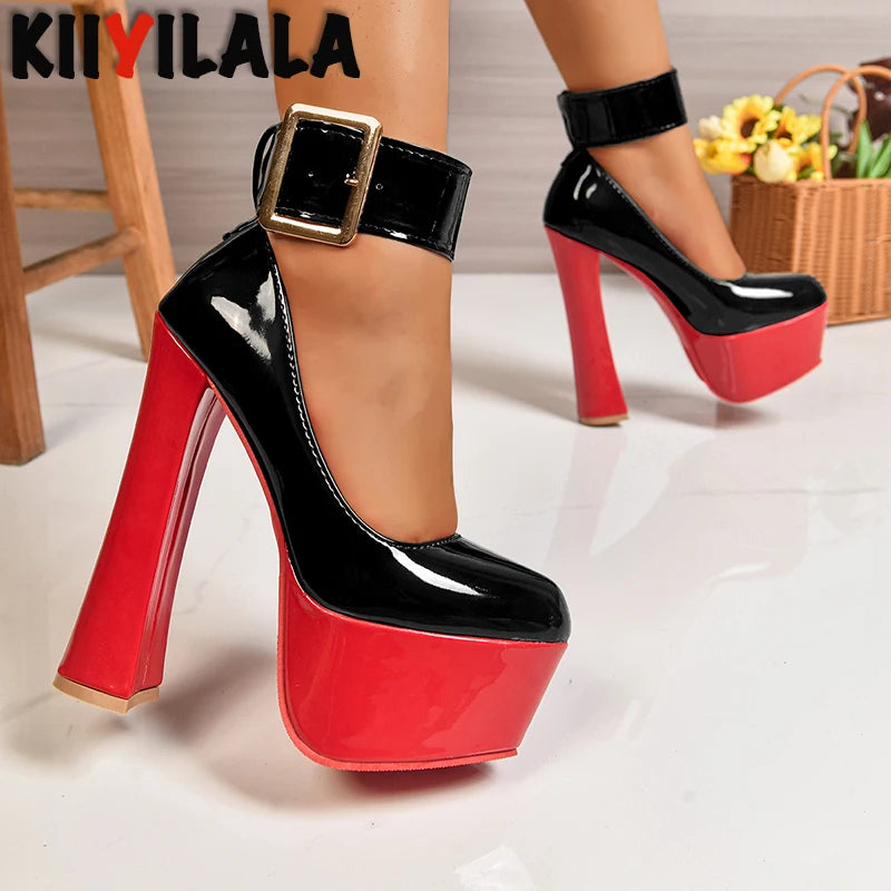 Women Fashion Platform Pumps 5.5cm Height 4cm Wide Gold Belt Buckle Strap Party Shoes 16.5cm Chunky Heels Dance Footwear Size 50