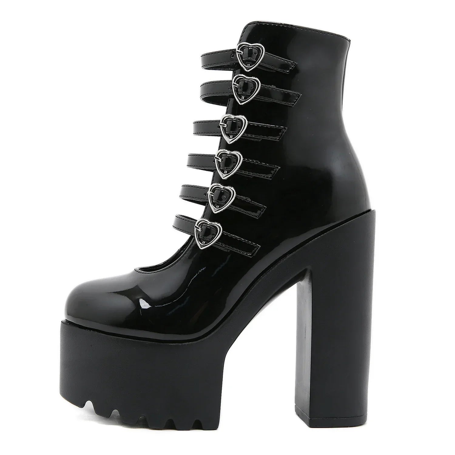 Block Heels Pumps for Women Fashion Multi Buckle Strap Heart Design Dress Shoes Side Zipper High Heels Mary Jane Shoes