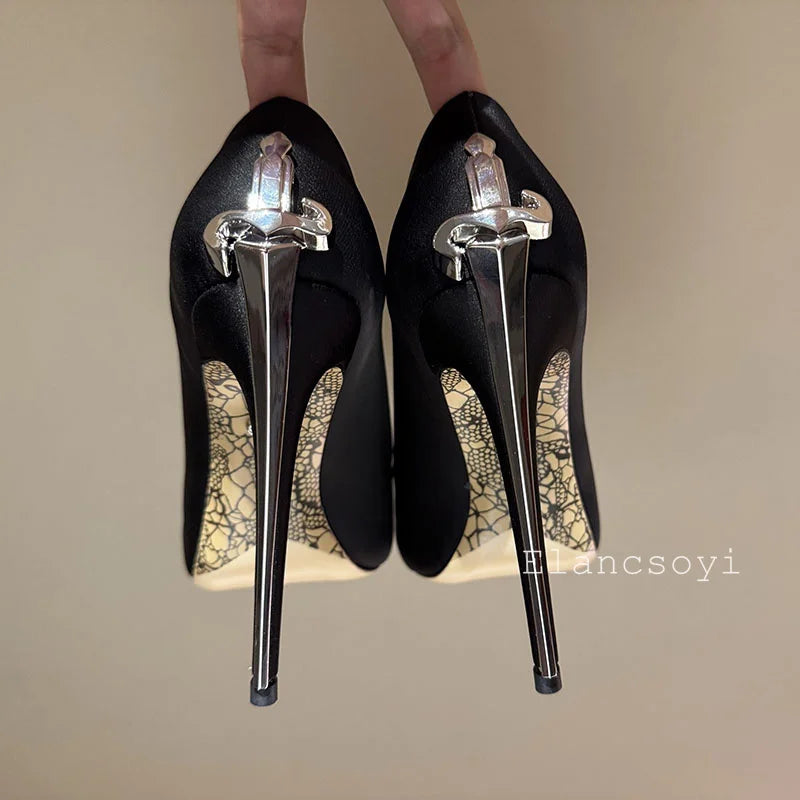 Women Pumps Real Leather Metal Sword Pointed Toe High Heel Shallow Mouth Thin Heel Single Shoes Spring Autumn Sexy Runway Shoes