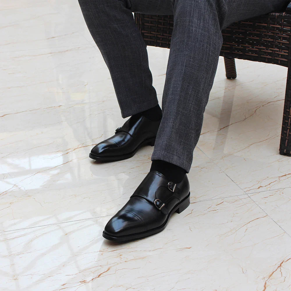 Luxury Genuine Leather Double Buckle Monk Strap Formal Shoes for Men Classic Cap Toe Business Office Wedding Dress Shoes
