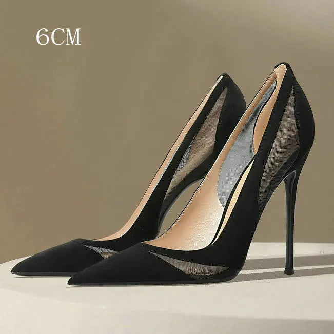 2026 Spring New Patchwork Mesh Silver High Heels For Women Pointy Shallow Mouth Temperament Slim Heel Shoes Wedding Pumps