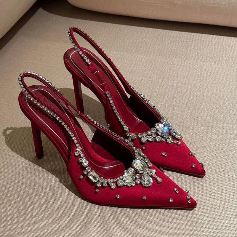 New Summer Fairy-style Rhinestone Sandals, Pointed Toe, Stiletto Heels, Satin High Heels, Exquisite Crystal Wedding Shoes, Open