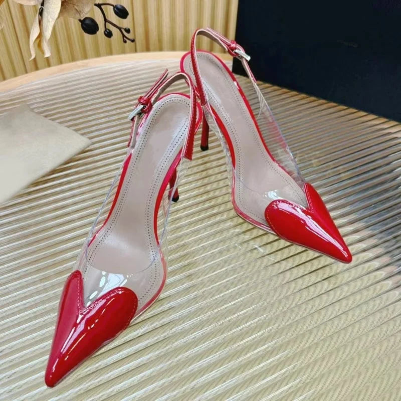 2026 New Pointy Peach Heart Fine Heel Shoes Sexy Pvc Transparent Film Black Patent Leather High Heel Overhead Sandals