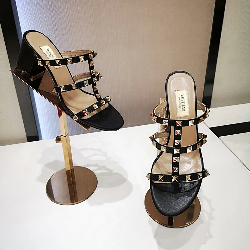 Luxury Women's Shoes Gladiator Shoes Woman 2026 Trend for Women's Sandals Summer Slippers Chunky Heel Leather Rivets High Heels