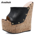 Aneikeh 2025 Summer Fashion Open Toe Sandals Platform Super High Heels Slip-on Metal Rivet Sandals Rome Party Women Mules black