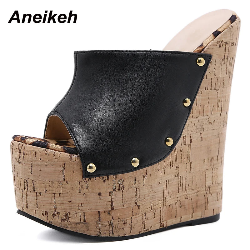 Aneikeh 2025 Summer Fashion Open Toe Sandals Platform Super High Heels Slip-on Metal Rivet Sandals Rome Party Women Mules black
