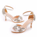 Quality Women Sandals Female Rhinestone PU 7CM Thin Heels Buckle Strap Korean Style Women's Shoes Dress Sky Blue Mature