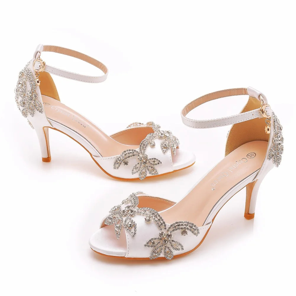 Quality Women Sandals Female Rhinestone PU 7CM Thin Heels Buckle Strap Korean Style Women's Shoes Dress Sky Blue Mature
