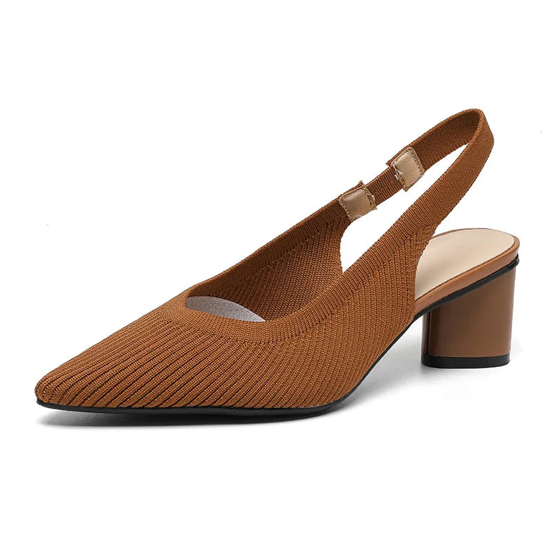 Sandals for Women Heels Knitted Rear Empty Strap Fashion Sandals Pointed Head Shallow Mouth Side Empty Daily Thick Heel Sandals