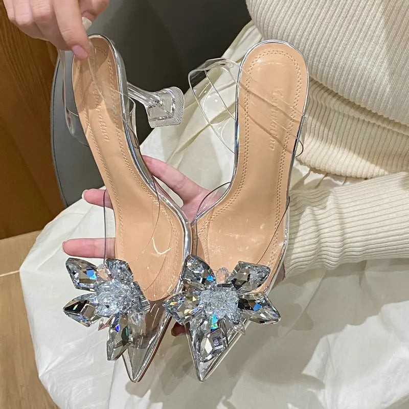Silver Baotou Sandals Women 2026 New Summer Beautiful Pointy Wine Glass Celebrity Crystal Flower Transparent High Heels