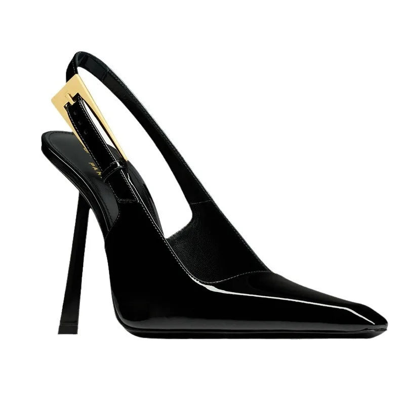 2026 New Summer French Pointed Patent Leather Fine Heel Overhead Sandals for Women Retro Skinny Heel Shoes