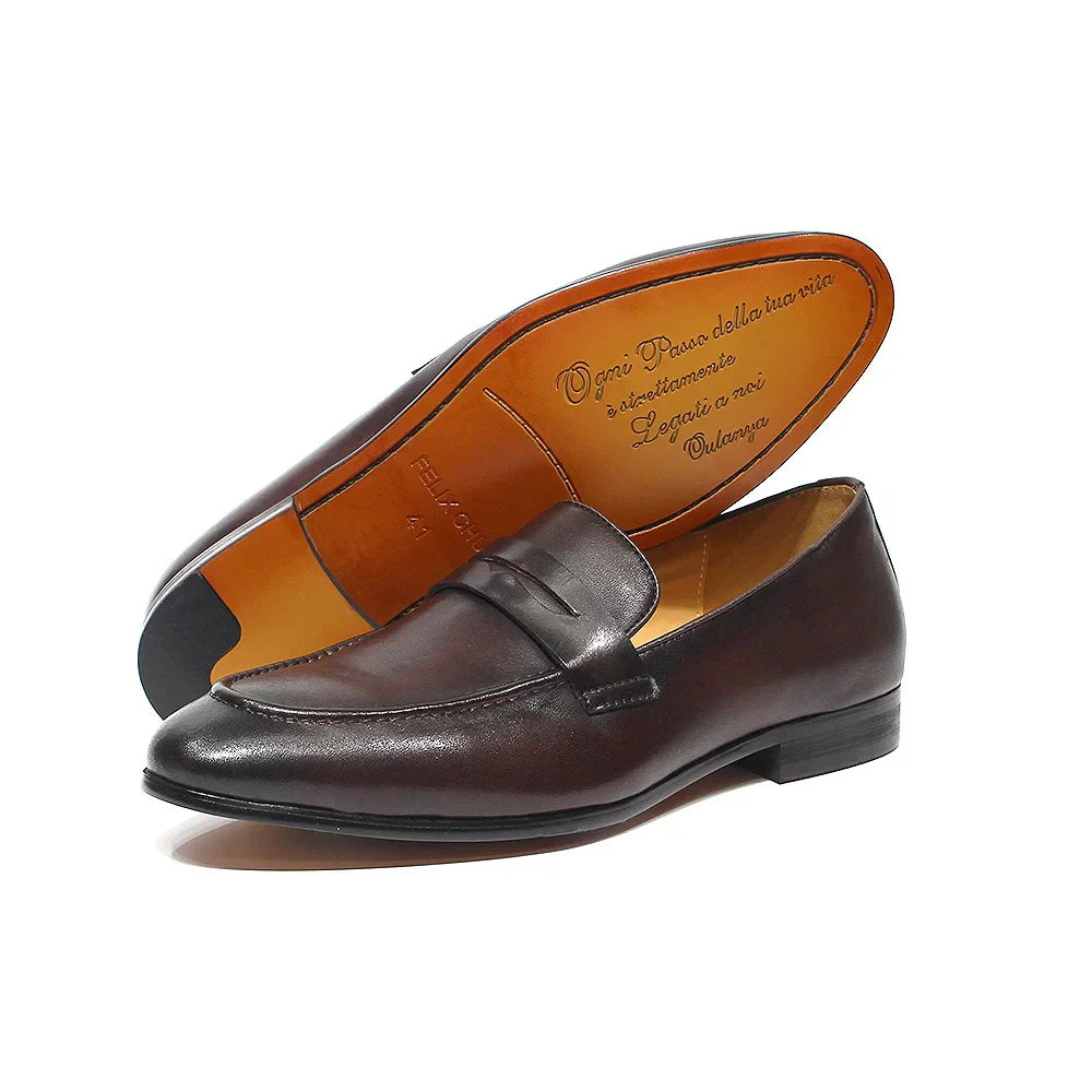 FELIX CHU Mens Penny Loafers Leather Shoes Genuine Leather Elegant Wedding Party Casual Dress Shoes Brown Black Shoes for Men