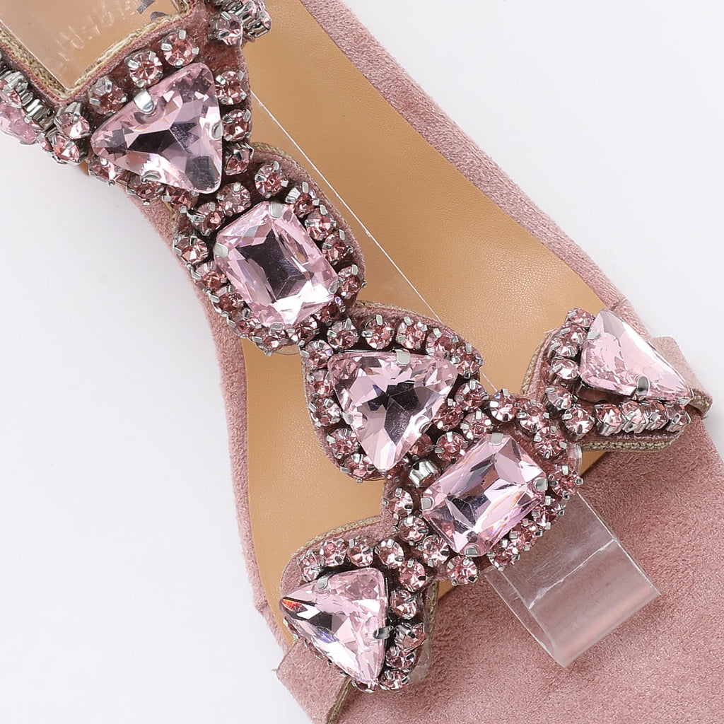 Glamorous Pink/Green Gemstone High Heel Sandals  Women's Elegant Rhinestone Ankle Strap Party Wedding Footwear