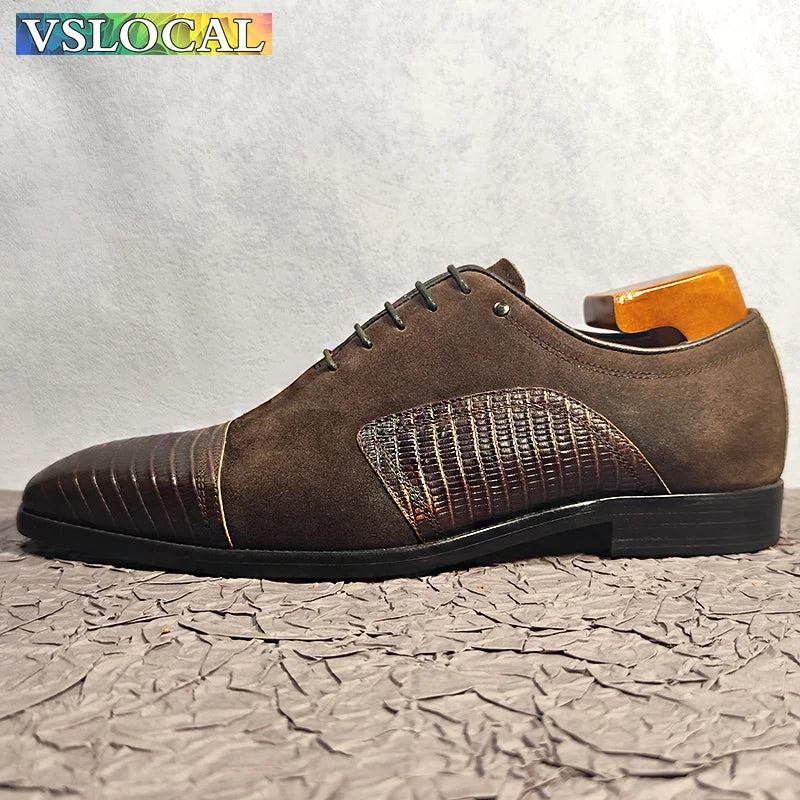 Luxury Men Oxford Shoes Lace up Cap Toe Black Brown Casual Men Dress Shoes Suede Patchwork Genuine Leather Shoes For Men