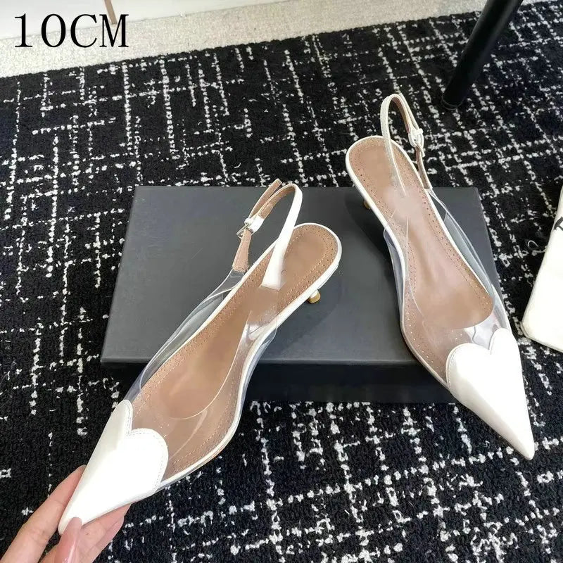 2026 New Pointy Peach Heart Fine Heel Shoes Sexy Pvc Transparent Film Black Patent Leather High Heel Overhead Sandals