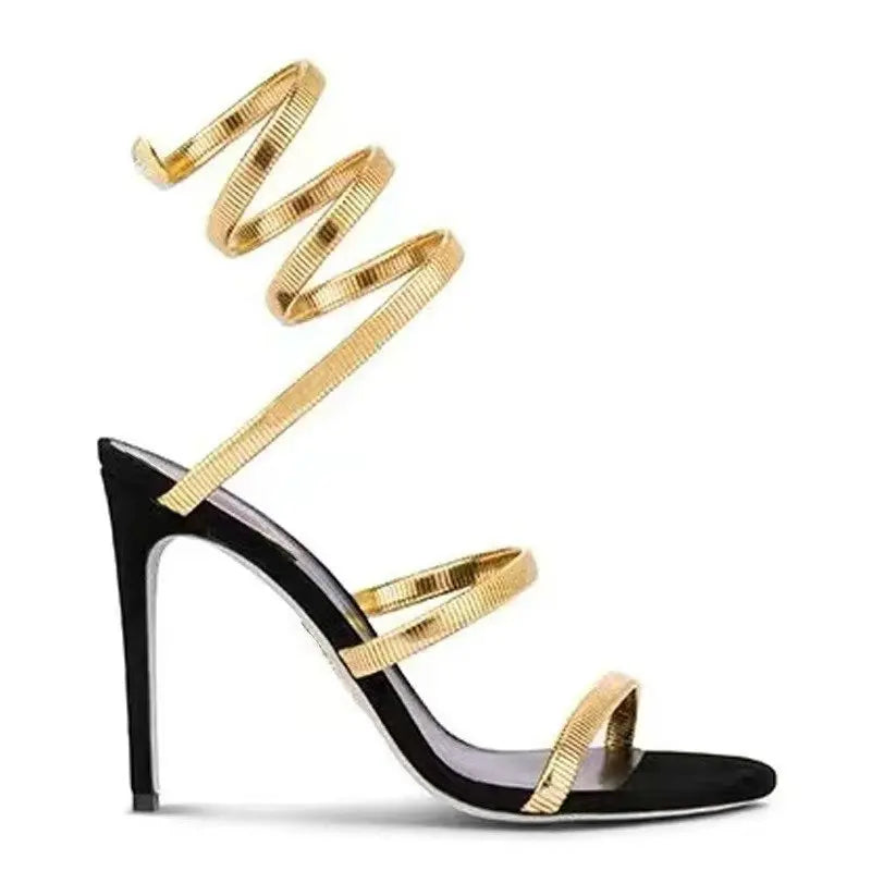 2026 Summer New Gold One-Line Strappy Sandals Women Snake Wrapped Sexy Square Head High Heels Stiletto Party Shoes