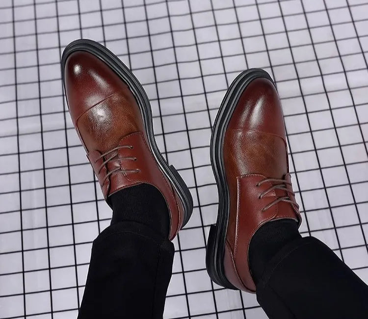 Men's Genuine Leather Oxfords Pointed Toe Lace Up Dress Shoes British Style Business Wedding Casual Footwear for Spring Autumn