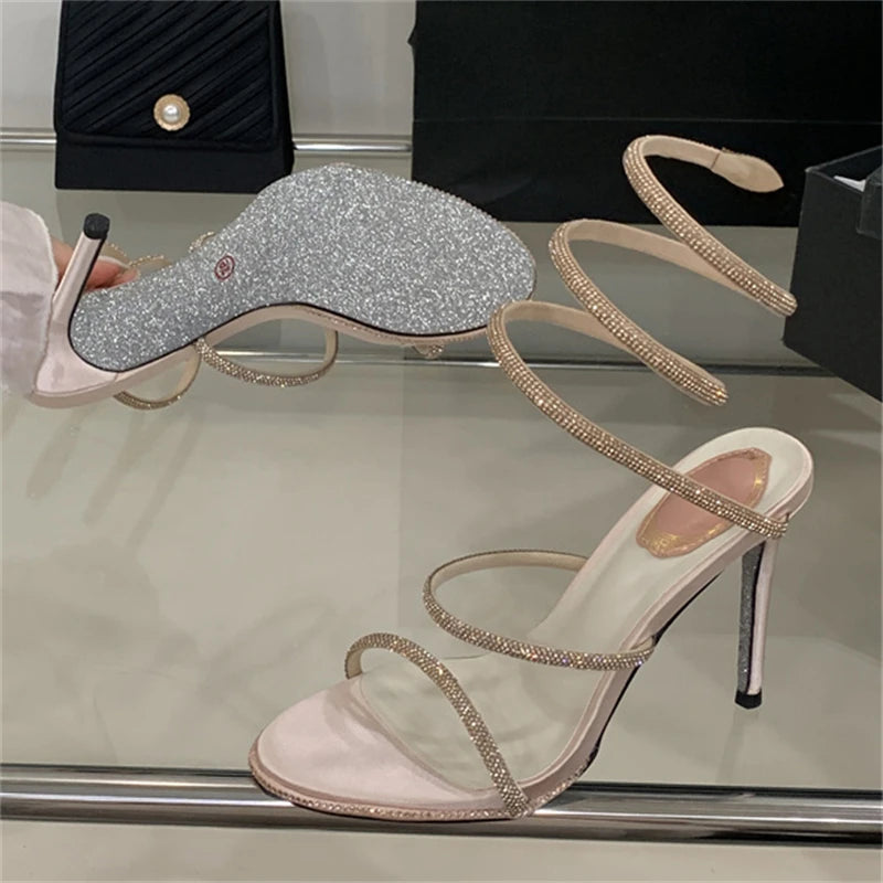 Eilyken Street Style Crystal Diamonds Ankle Strap Women Sandals Sexy Open Toe Thin High Heels Party Prom Summer Shoes