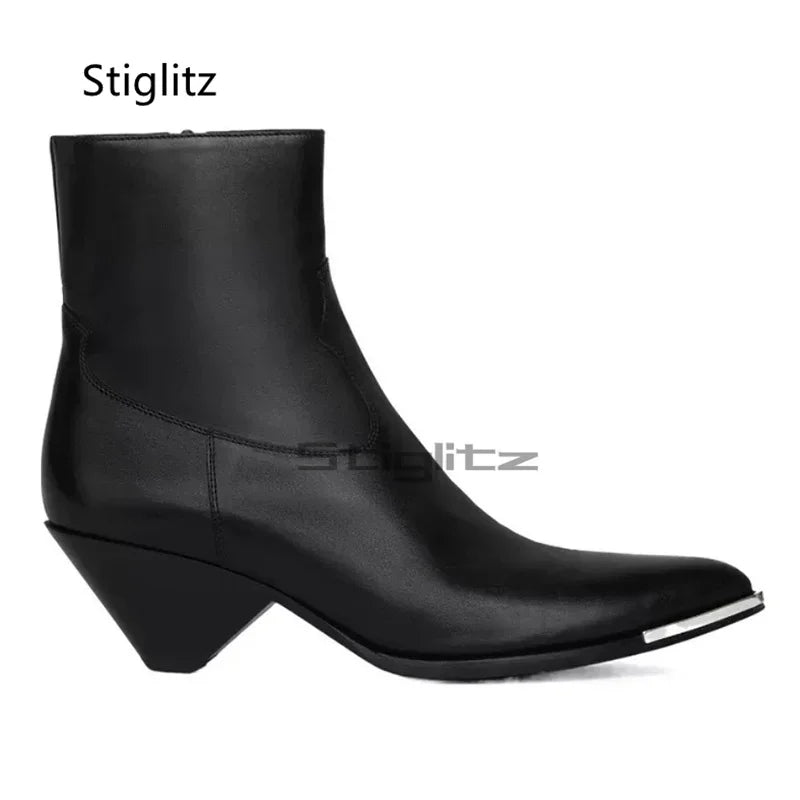 5Cm High Heels Chelsea Boots for Men Pointed Toe Side Zip Retro Western Boots Metal Decor Black Leather Ankle Boots Male Shoes
