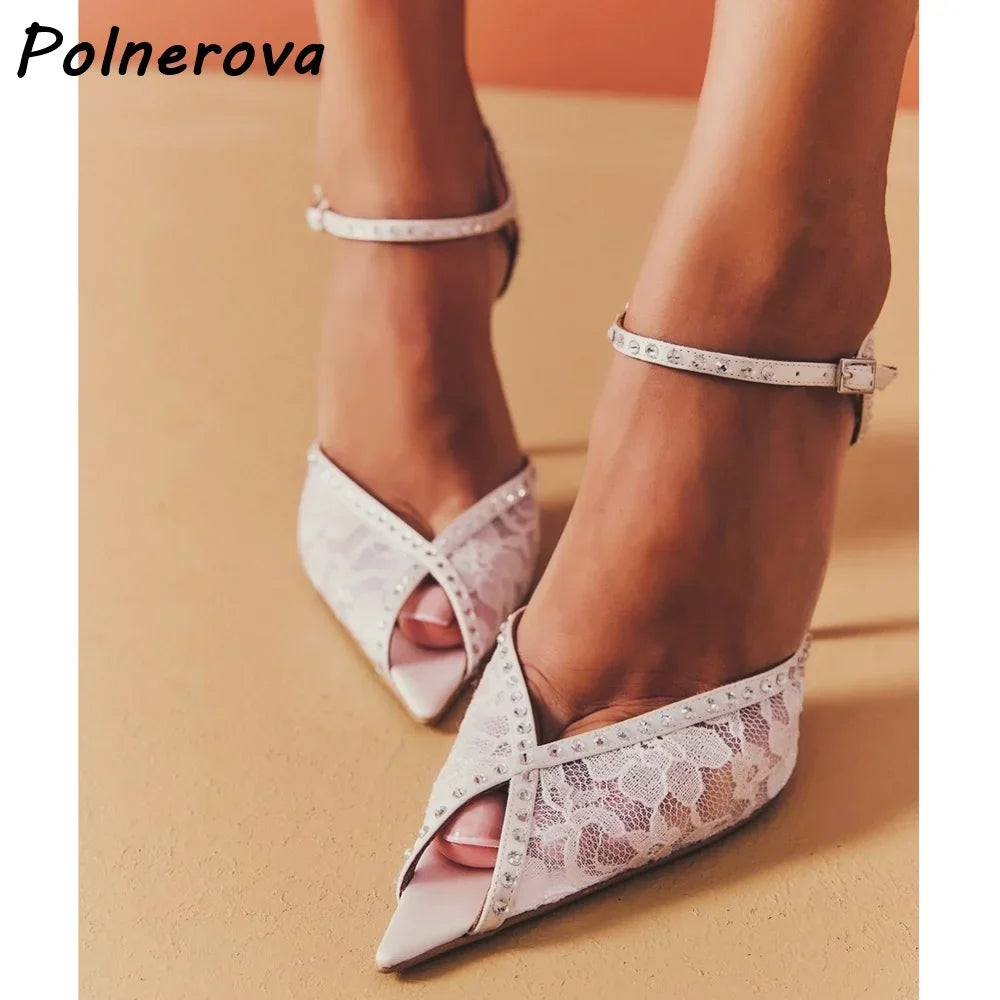 Lace Rhinestone Sandals Slingback White Black Peep Pointy Toe Ankle Band Women's Shoes Elegant Summer Solid Party Shoes 2025