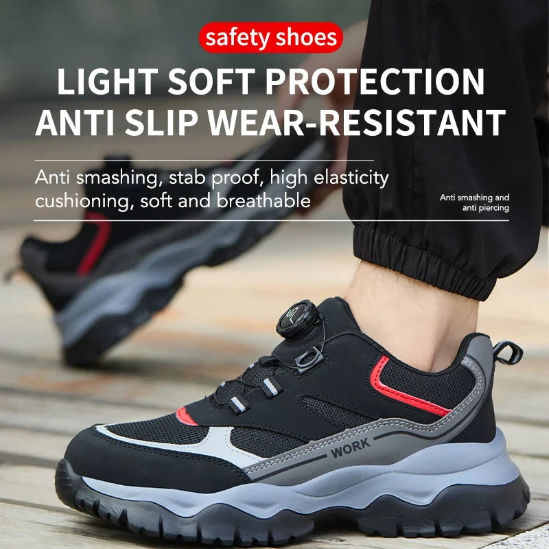 Mens Work Shoes Steel Toe Safety Boots Anti-smash Shoes Mens Black Lightweight Breathable Sneakers Rotary Button Shoes