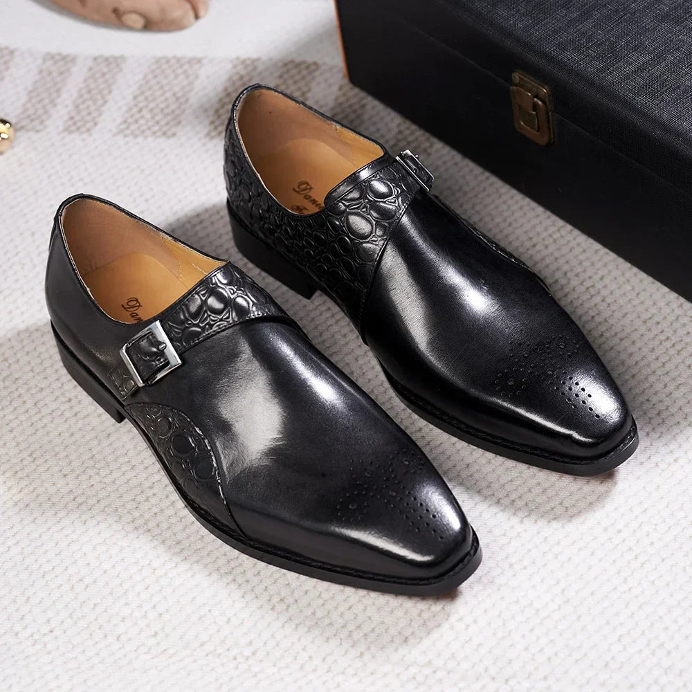 Luxury Men's Genuine Leather Monk Strap Shoes Cowhide Business Office Formal Dress Shoes with Buckle Italian Style for Weddings