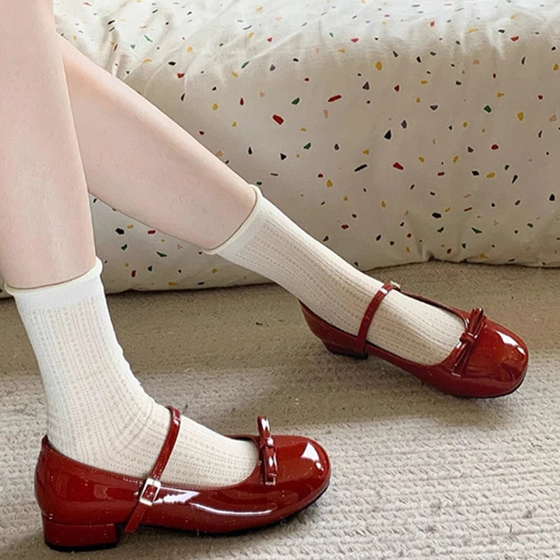 Wine-red Mary Jane Thick-cut Single-shoe Women's 2025 Summer New Butterfly Wedding Shoes Round Toe Small Shoe