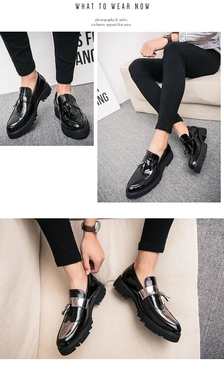 Fashion Golden Men's Casual Slip-On Tassel Patent Loafers Thick Bottom Elevator Shoes Men's Party Shoes Business Shoes Brogue
