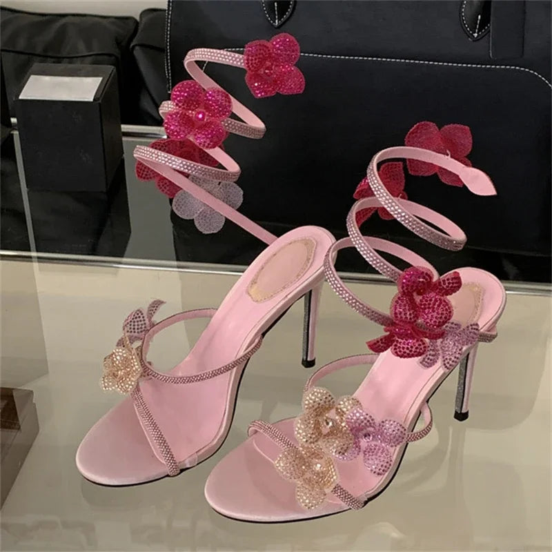 Aneikeh Street Style CRYSTAL Narrow Band Thin High Heels Women Sandals 2026 Summer Open Toe Ankle Strap Female Shoes