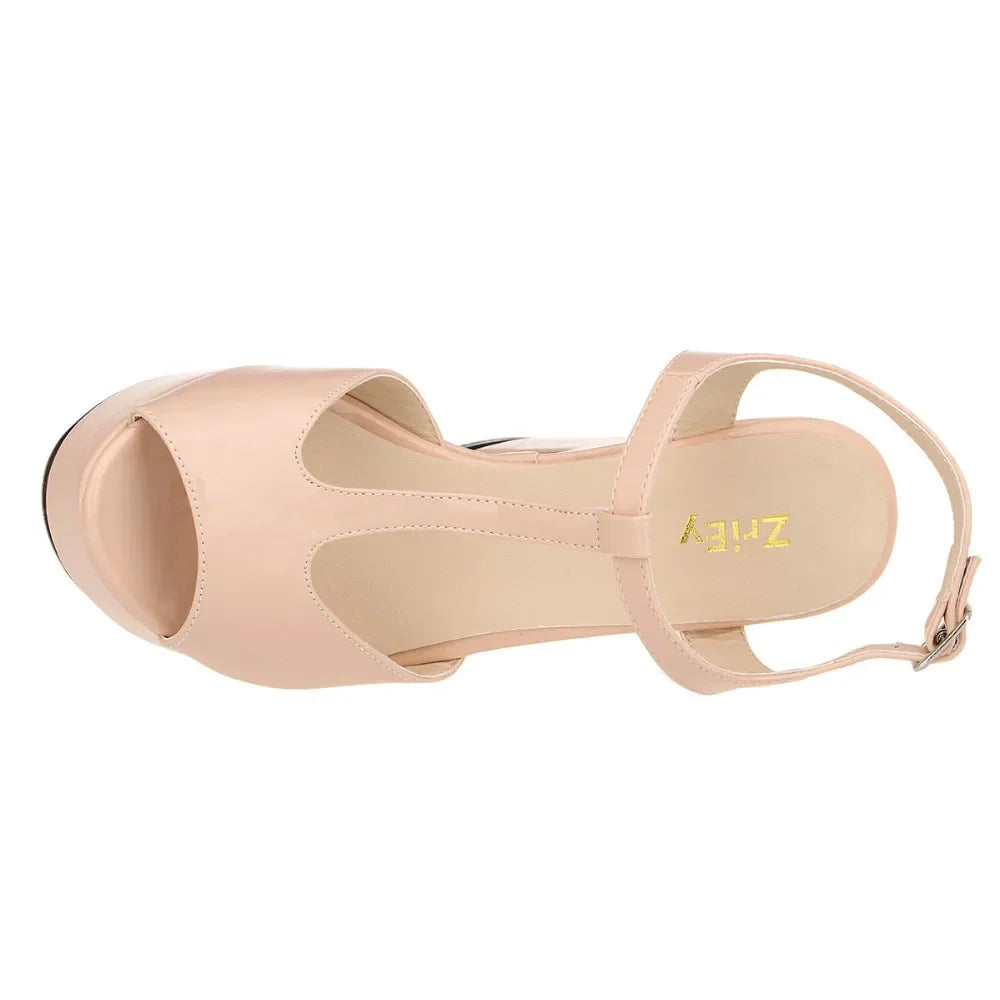 Women Sandals Fashion Sexy 12cm Ankle Strap Peep Toe High Heels Ladies Wedges Platform Sandal Patent Leather Party Wedding Shoes
