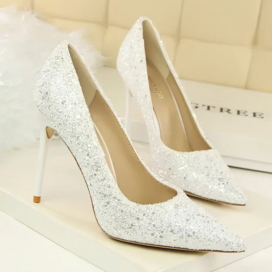 Women Luxury Bling Red  Blue Valentine Party Scarpins Pumps Lady Glitter Sequins 7cm 9.5cm High Heels Designer Shoes Plus Size
