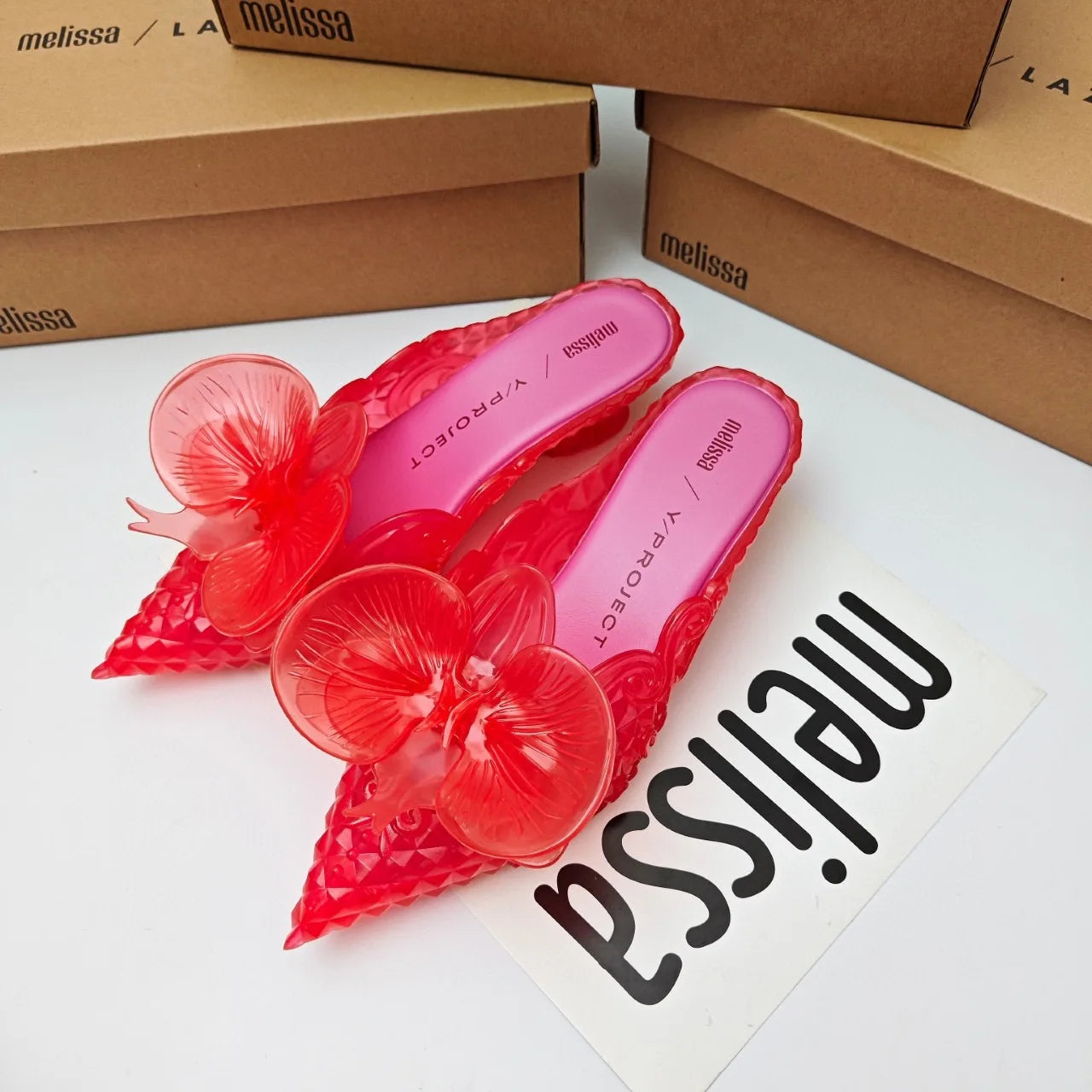 Design Big Butterfly Knot Slides Women Flat Mules Sandals High Quality Cozy PVC Transparent Sandals Pointed Toe Back Strap Shoes