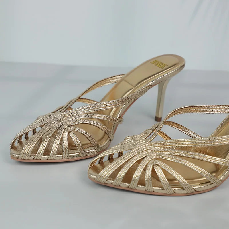 New Gold Hollow Thin Strip Heels for Women Luxury Pointed Toe Heeled Pumps Office Lady Mules Summer Stiletto Shoe Sandals 2025