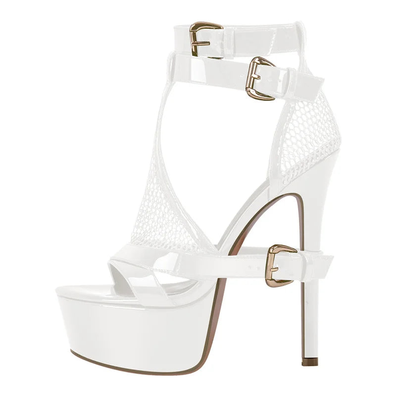 Onlymaker Women Yellow Mesh Buckle Peep Toe Platform Sandals Thin Heels Ankle Strap Buckle Dress Sexy Party Stiletto Sandals