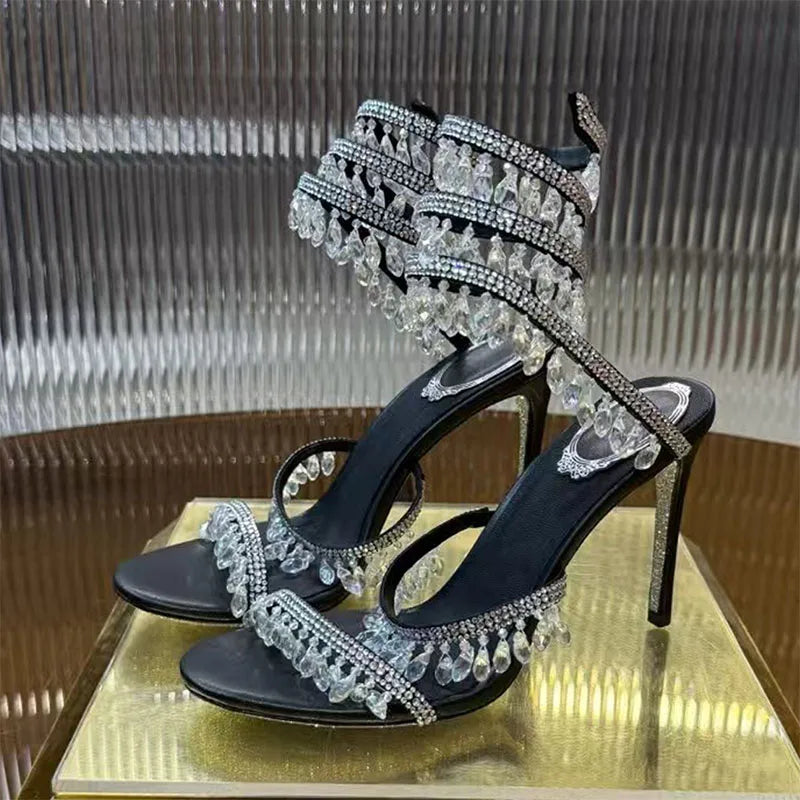 Luxury High Heels Sandals Women Crystal Pendant Snake Twine Around Ankle Strap Wedding Shoes Summer Bohemian Sandals Woman