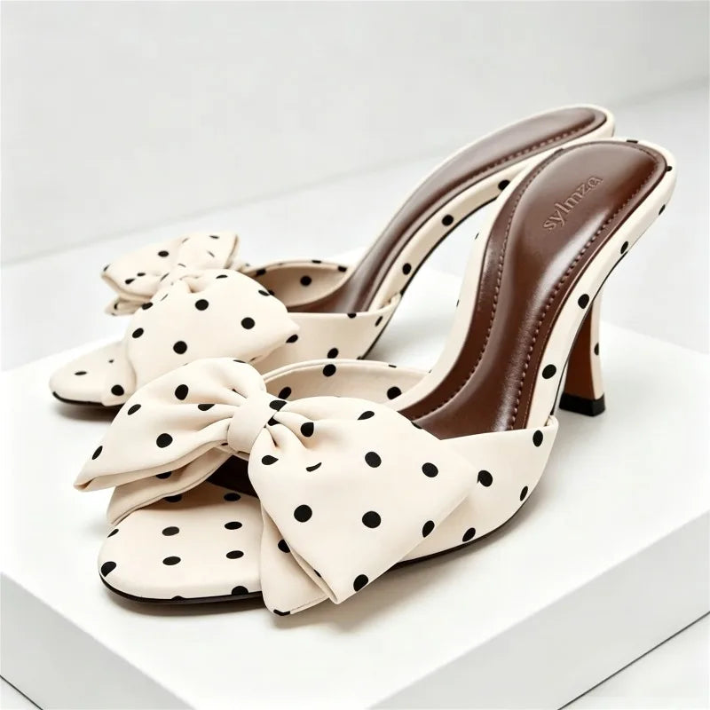 Satin Polka Dot Butterfly Knot Decorative Heeled Sandals Women Sexy Open-Toe Slide Sandals Summer Elegant Stiletto Heel Slippers