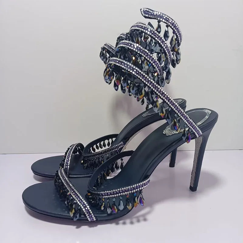 Luxury High Heels Sandals Women Crystal Pendant Snake Twine Around Ankle Strap Wedding Shoes Summer Bohemian Sandals Woman