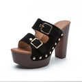 Super High Heels Women Platform Sandals Chunky Wooden Heeled Slippers Rivet Buckle Strap Shoes Ladies Summer Peep Toe Sandalias