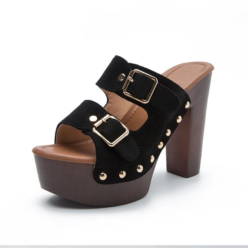 Super High Heels Women Platform Sandals Chunky Wooden Heeled Slippers Rivet Buckle Strap Shoes Ladies Summer Peep Toe Sandalias