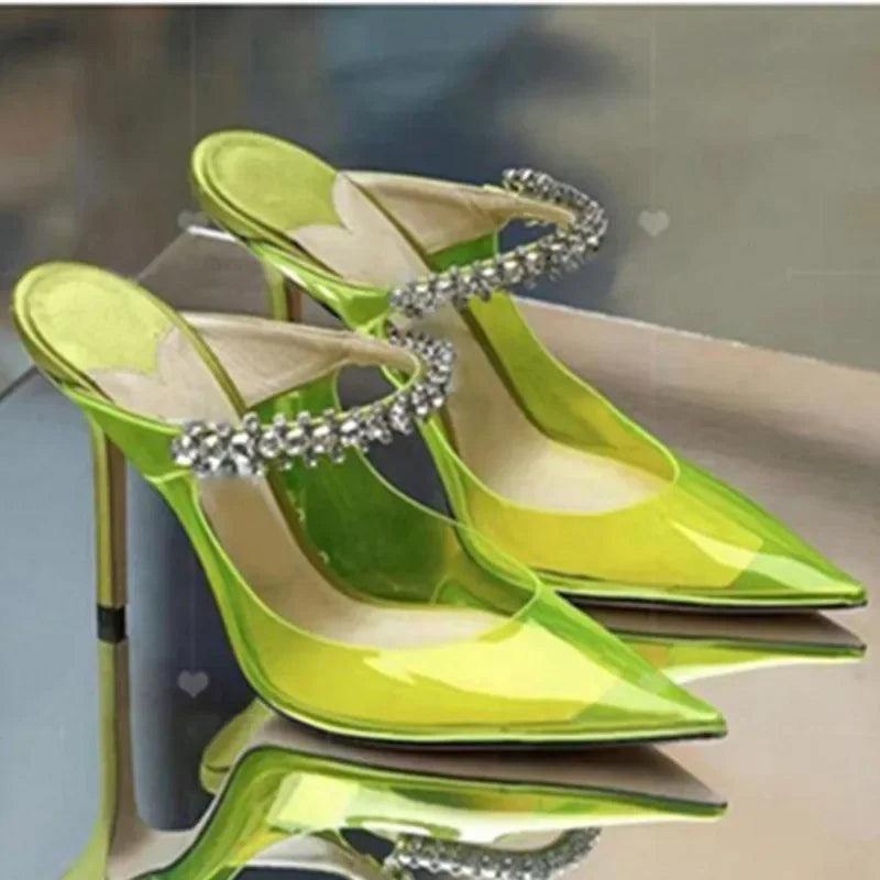 2025 Summer New Pointed High Heels Women's Muller Shoes Transparent Water Diamond Sexy Fashion Thin Heel Women's Sandals