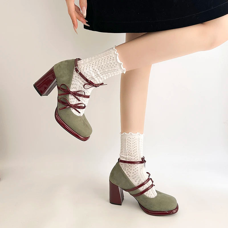 Designer New Spring Thick Heel Women Mary Jane Shoes Butterfly-knot Buckle Strap Shoes Ladies Elegant Party Dress Pumps