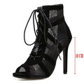 Sexy High Heels Hollow Women's Sandals Cross-tied Peep Toe Casual  Women Shoes Ankle Strap Dance Shoes Black Net Female Pumps