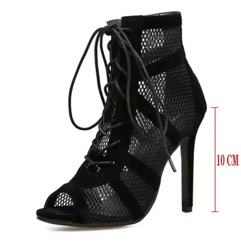 Sexy High Heels Hollow Women's Sandals Cross-tied Peep Toe Casual  Women Shoes Ankle Strap Dance Shoes Black Net Female Pumps