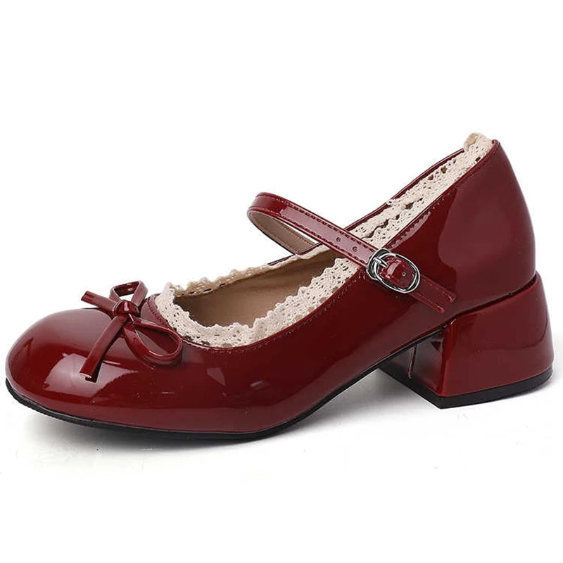 Sring Autumn Women Mary Jane Shoes Fashion Butterfly-knot Dress Shoes Ladies Concise Outdoor Thick Heel Leather Shoes