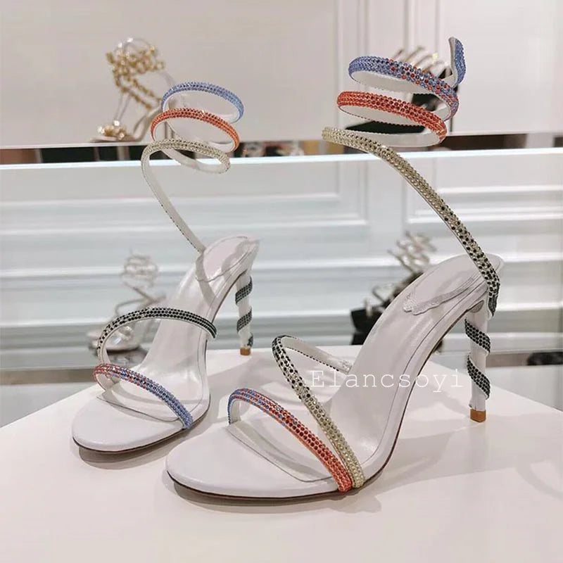 Thin Heels Gladiator Sandals Women's Shiny Rhinestone Ankle Snake Shaped Winding Party Shoes Summer Fashion High Heels Sandalias